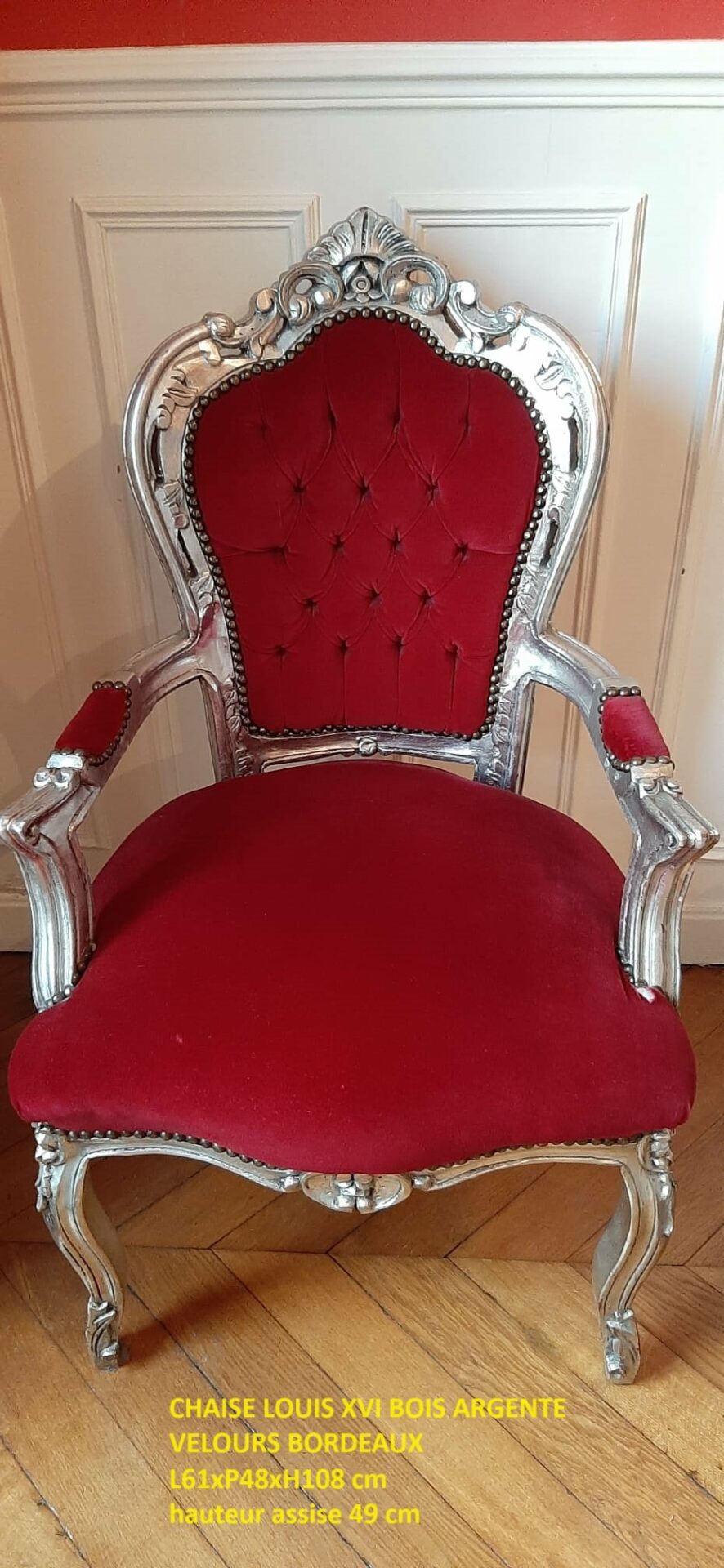 fauteuil style louis XVI velours bordeaux et argent – Image 2