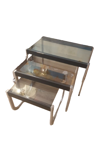 3 tables basse gigogne vintage inox et verre fumé
