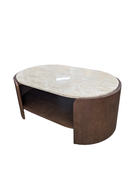 Table basse ovale bois teinté noyer et travertin ELIPSE