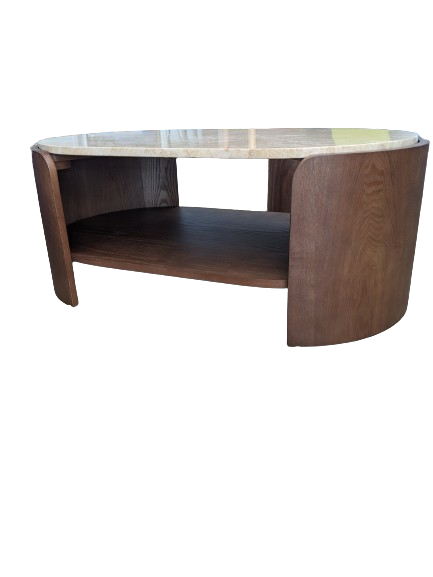 Table basse ovale bois teinté noyer et travertin ELIPSE – Image 4