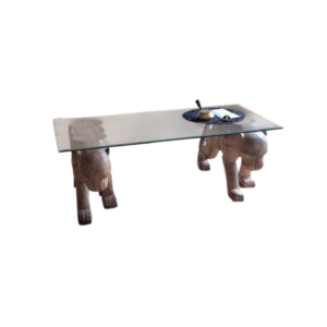 Table basse en verre, tenue par 2 tigres en bois