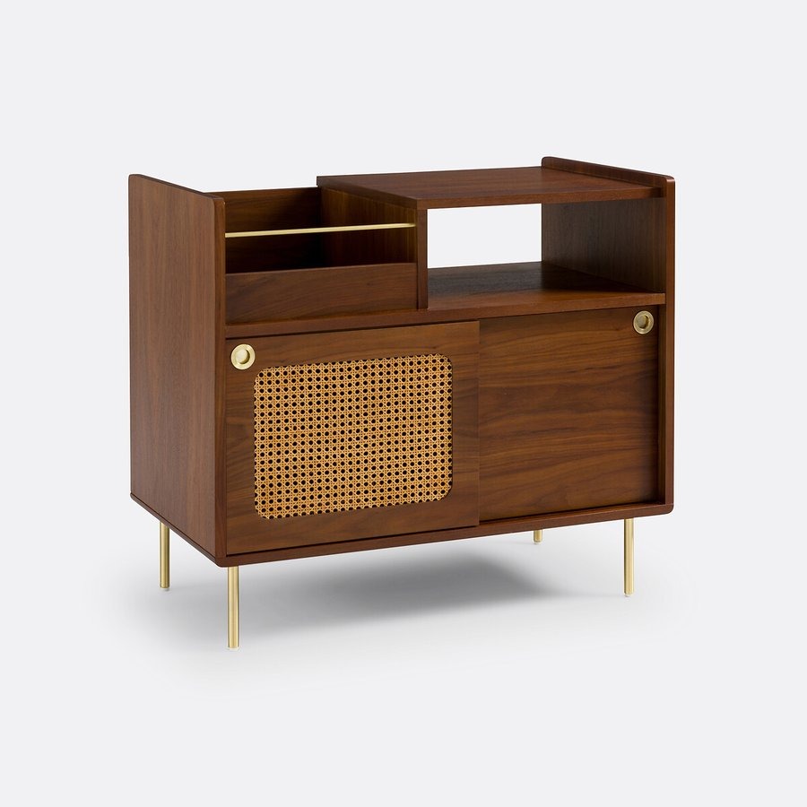 Meuble vinyles en plaqué noyer et cannage, Redpop – Image 2