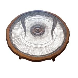 Table basse ronde en bois, verre et osier