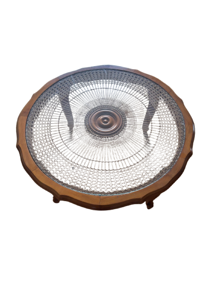Table basse ronde en bois, verre et osier