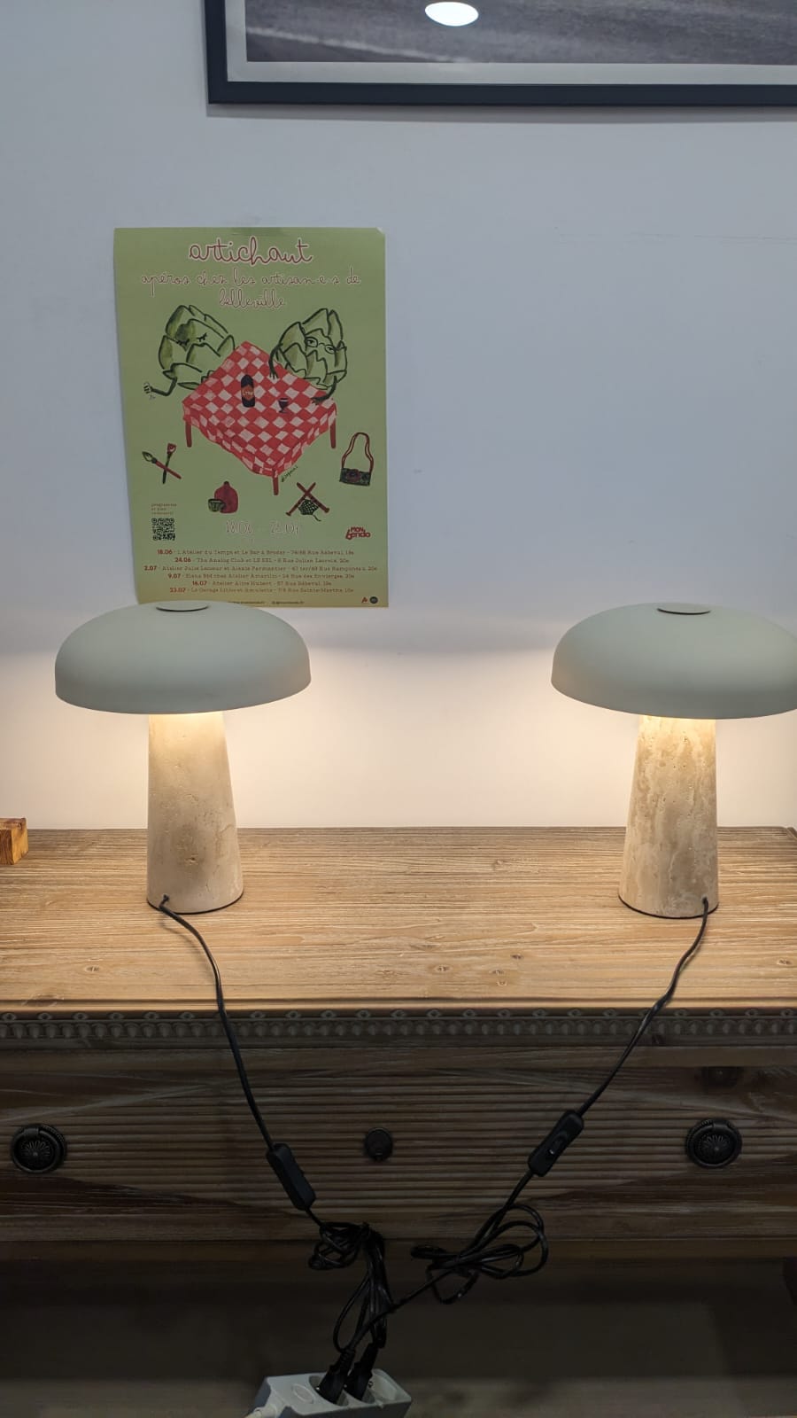 Amanita - paire de lampes de chevet, travertin & métal beige – Image 2